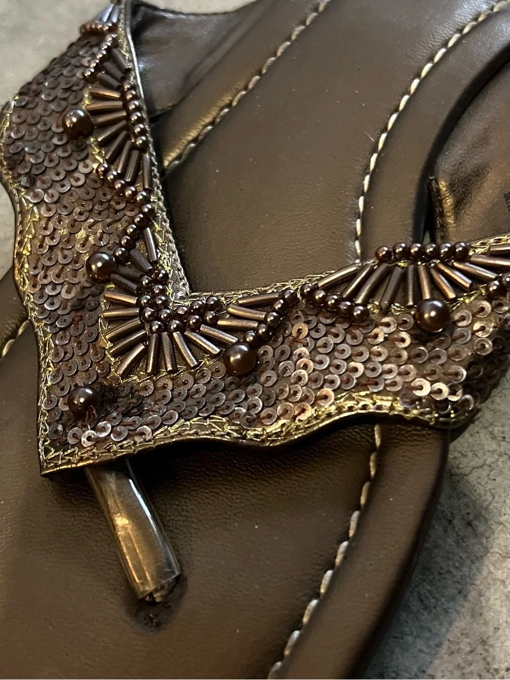 Women's Bronze Beaded Thong Sandals
